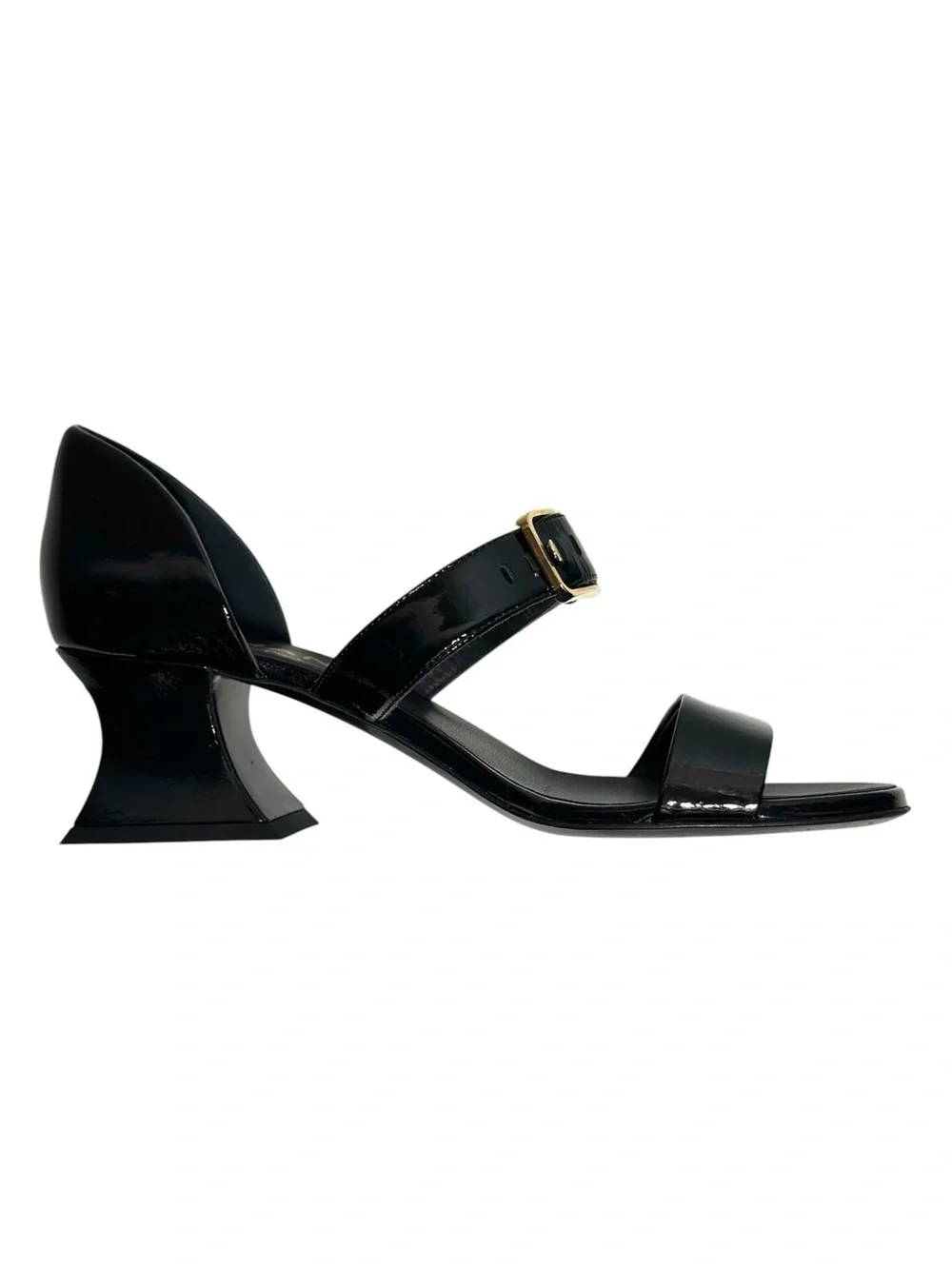 CHANEL Black Patent Goatskin 2022 22S Curved Block Heel Sandal size 36 Authentic